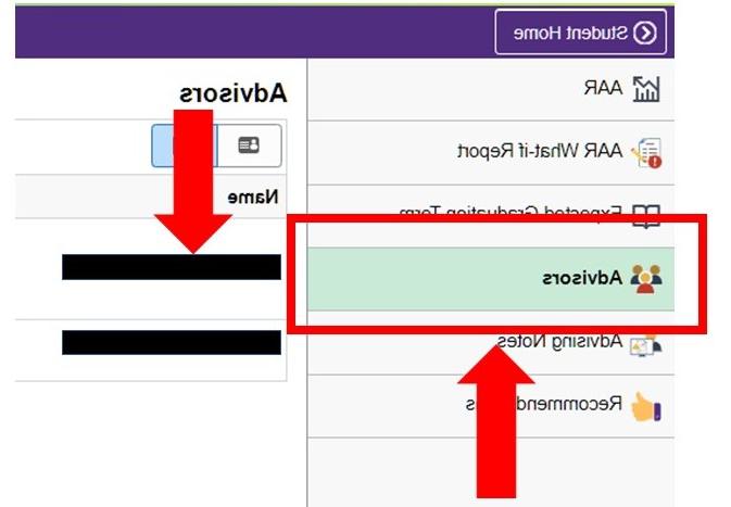 Advisors option highlighted in Student Home Menu