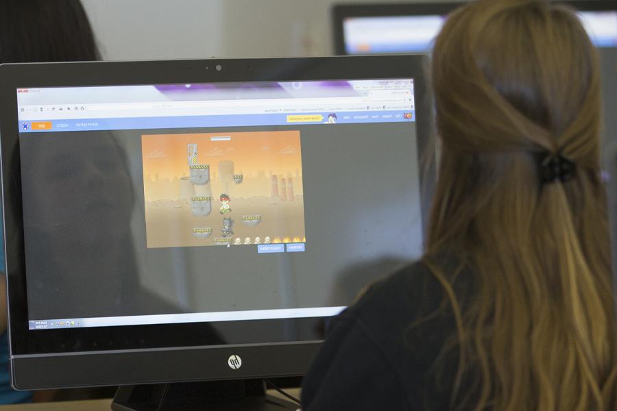 A person with their back to the camera, works on a computer.