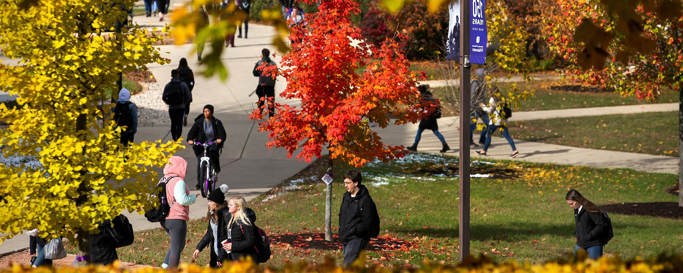 Group of students walking on 足彩平台 campus with red and yellow trees around them