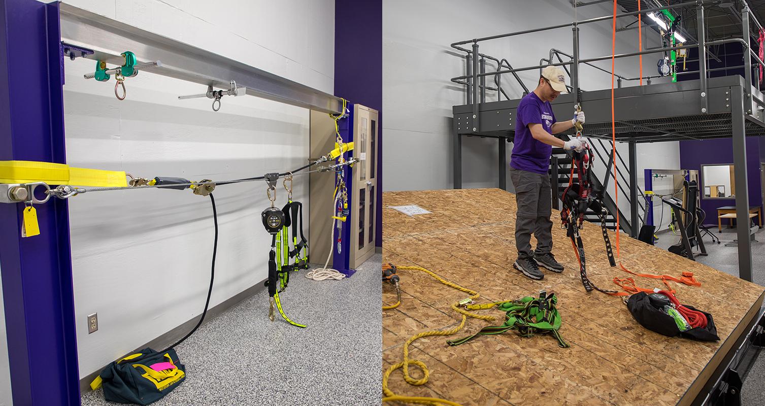 Professor Sang Choi adjusts a safety harness in the Safety Lab in the 足彩平台 Community Engagement Center