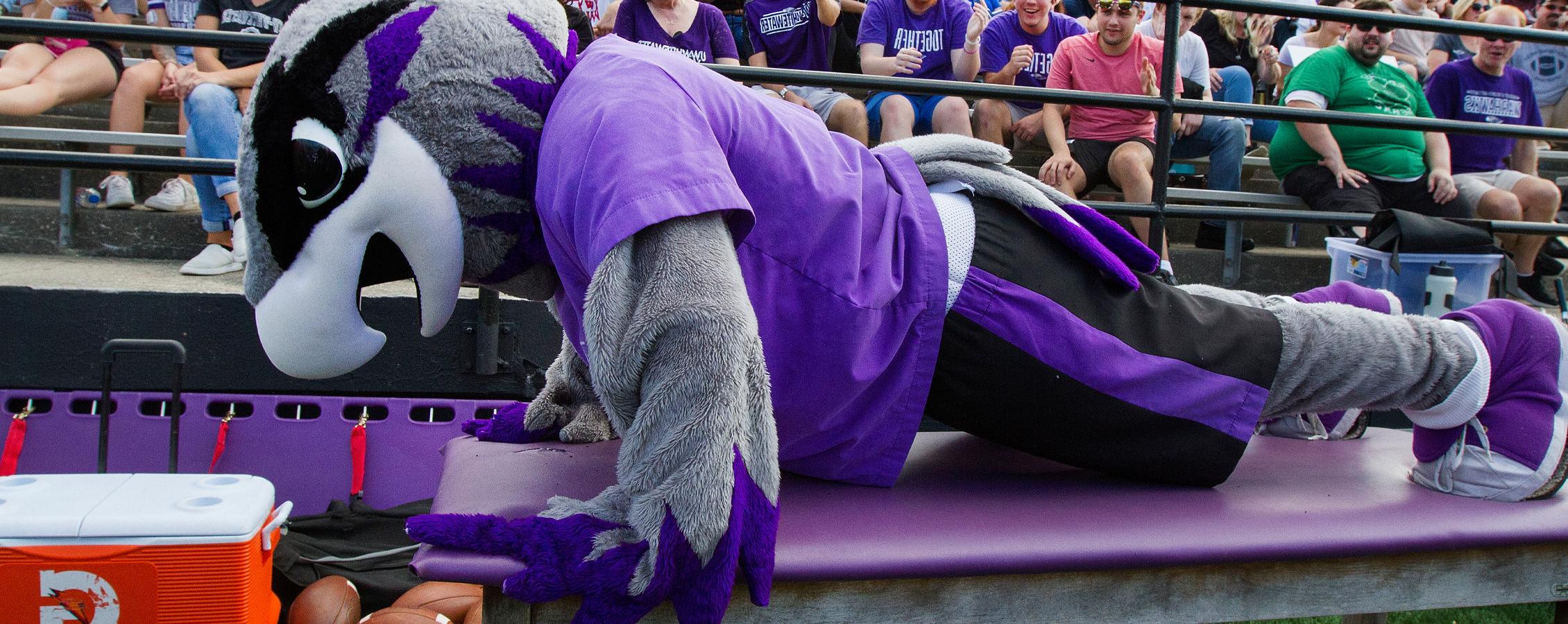 Willie Warhawk wearing a Warhawks jersey spreads his wings.