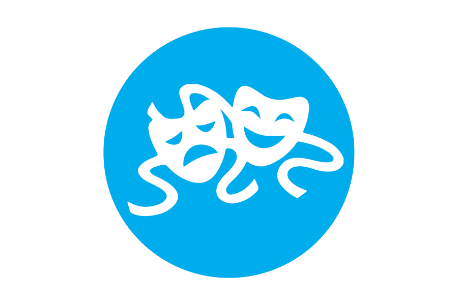 Graphic of two white masquerade masks on a blue background.