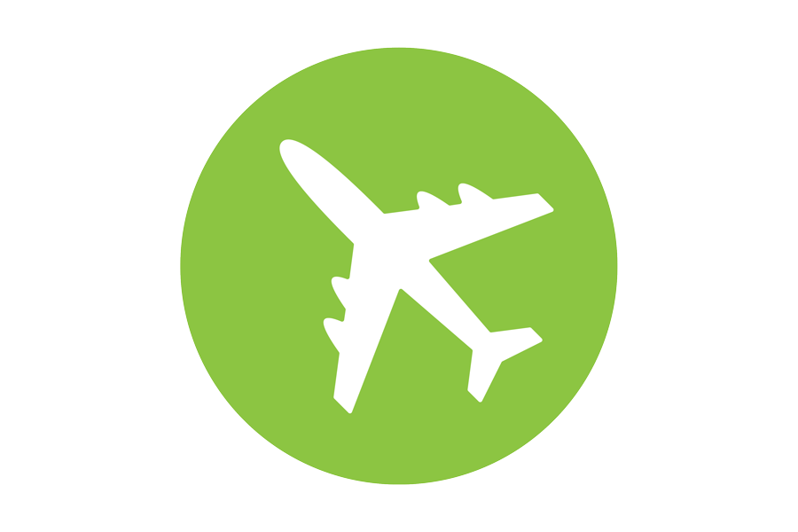 Icon of a white plane on a green backround.