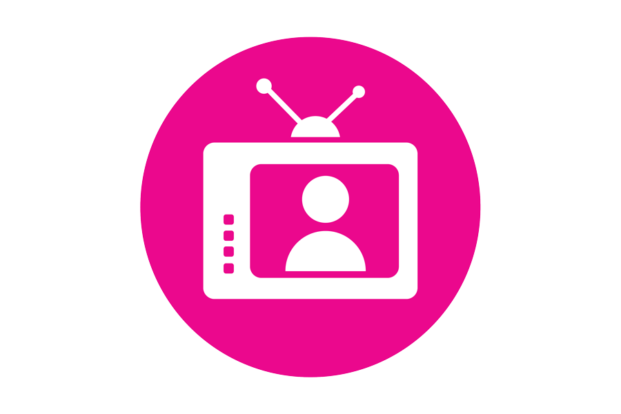  White graphic of a TV set on a pink background.