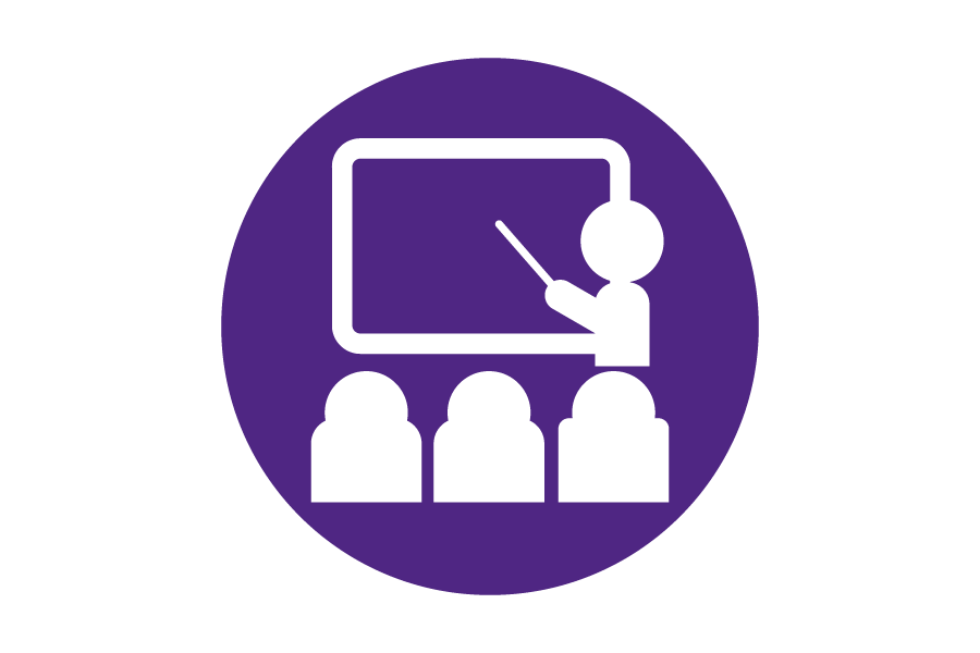 purple icon of a teacher in front of a class pointing at a whiteboard