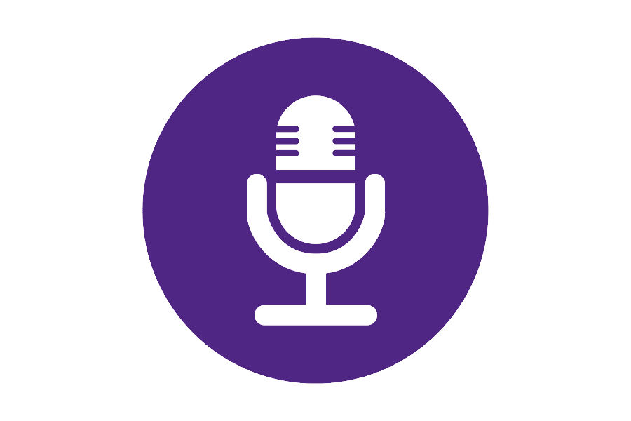  White graphic of a microphone on a purple background.