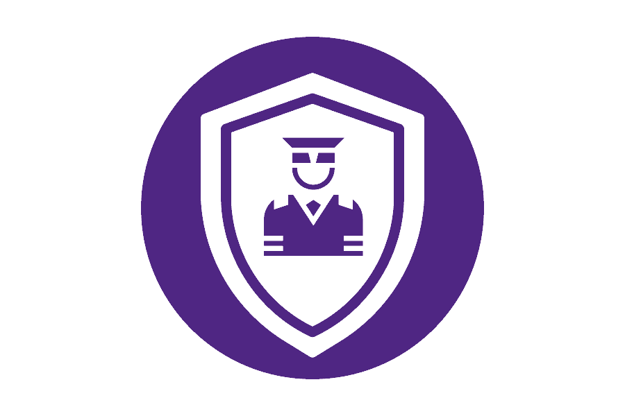 purple icon of a police badge with a picture of a police officer inside of it